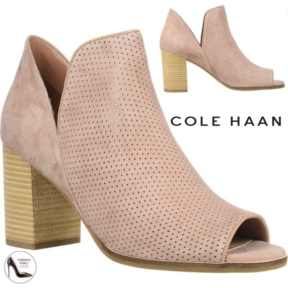 Cole Haan Shiloh Blush Suede Leather Open Toe Heeled Bootie 75mm Ankle Boot 10.5 - Picture 1 of 11